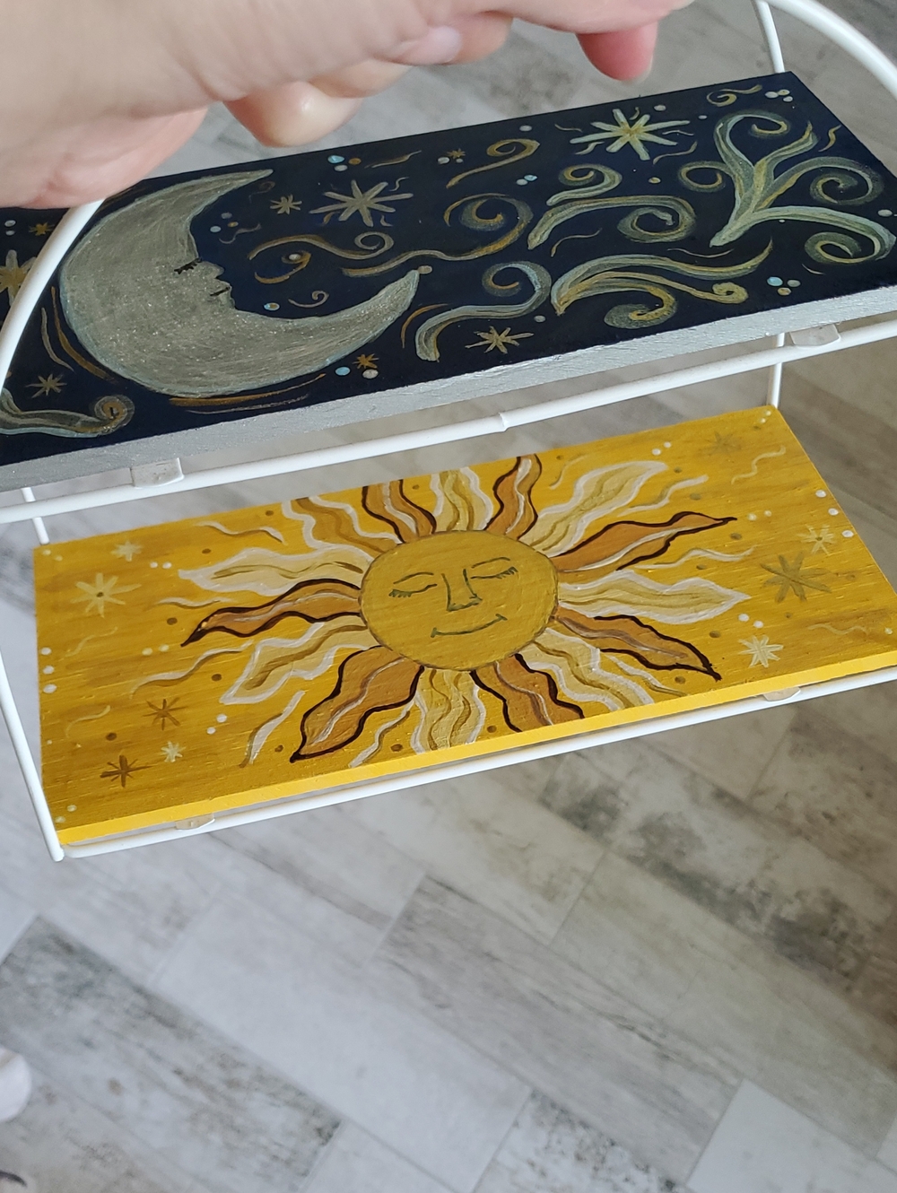 Hand Painted Sun & Moon Painted Two-Tier Wooden Home Accent Organizer Shelf - Picture 4 of 11